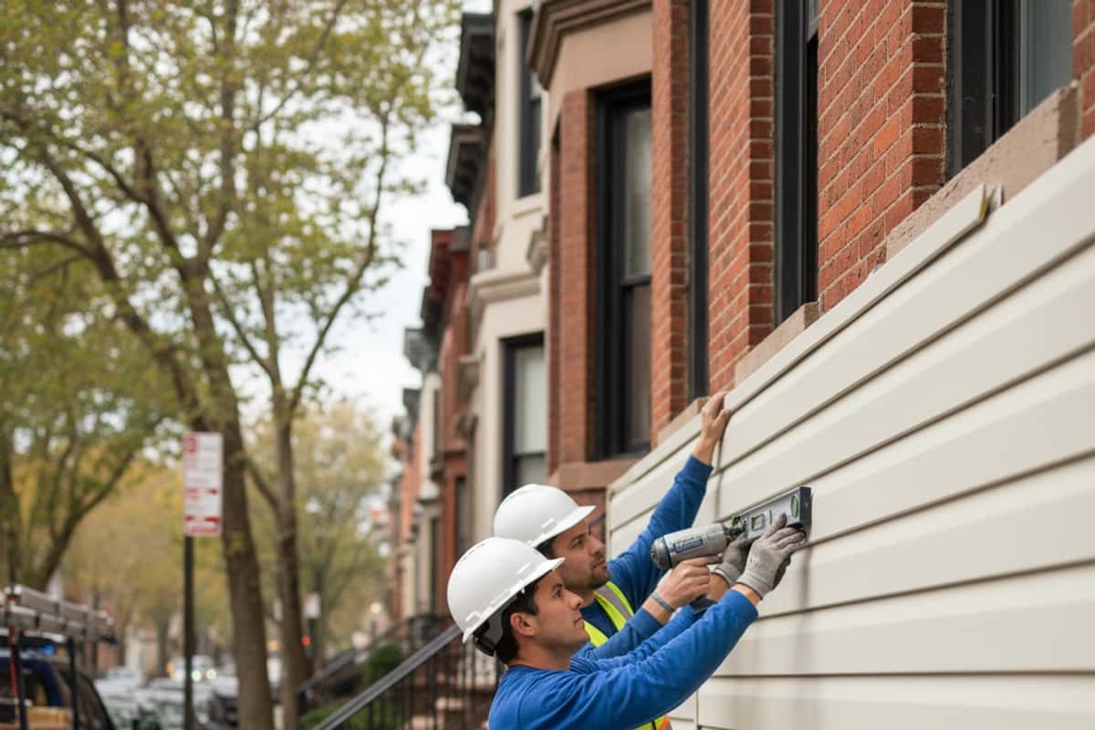 Close-up of newly installed vinyl siding on a residential home, showing precise alignment and finish.