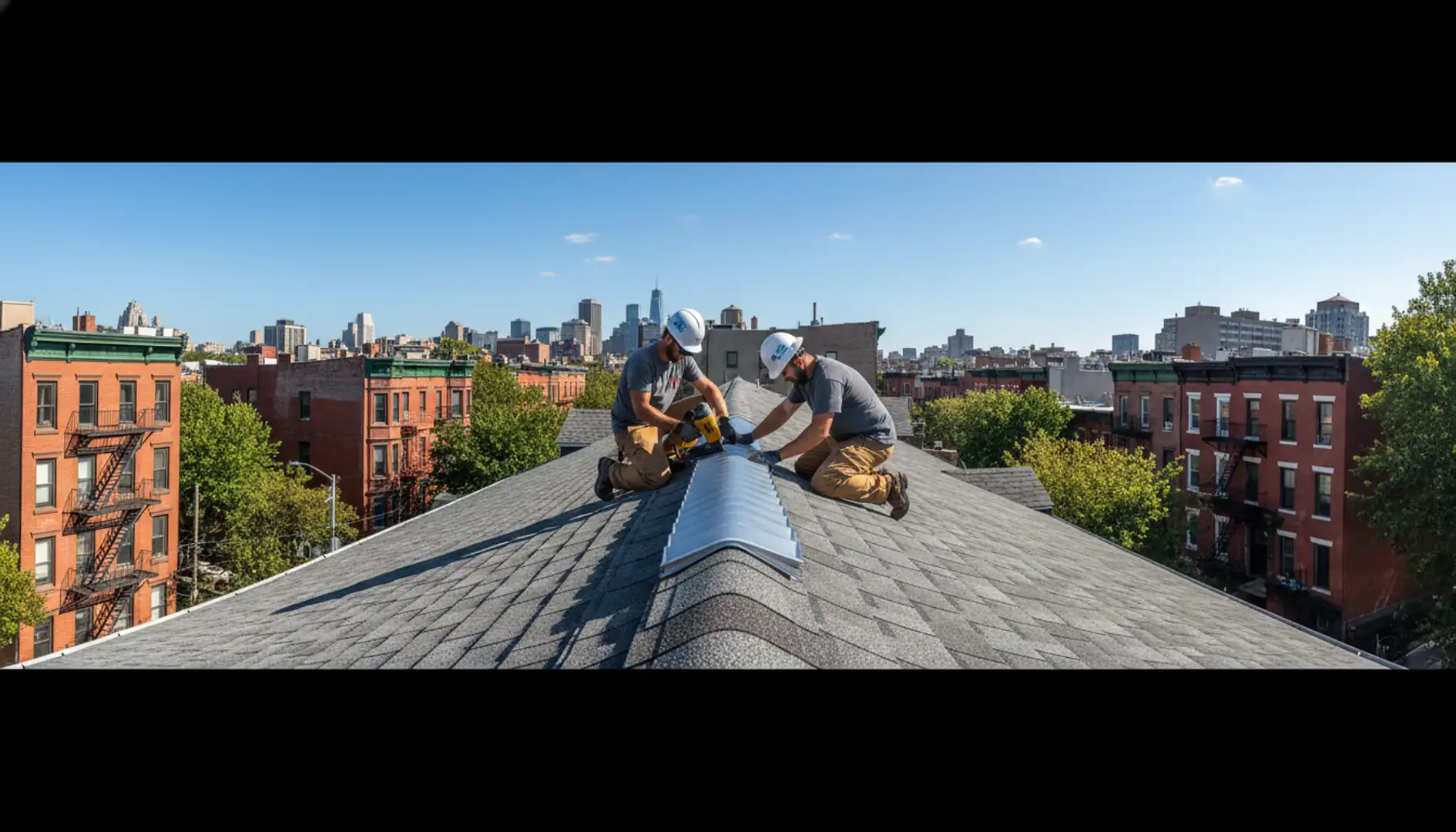 Roof with new attic ridge vent installation in Brooklyn, showing clear sky and well-maintained shingles.