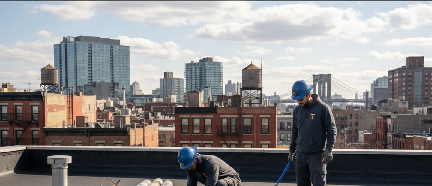 Wide view of a commercial building in Williamsburg with a newly installed, durable flat roofing system.