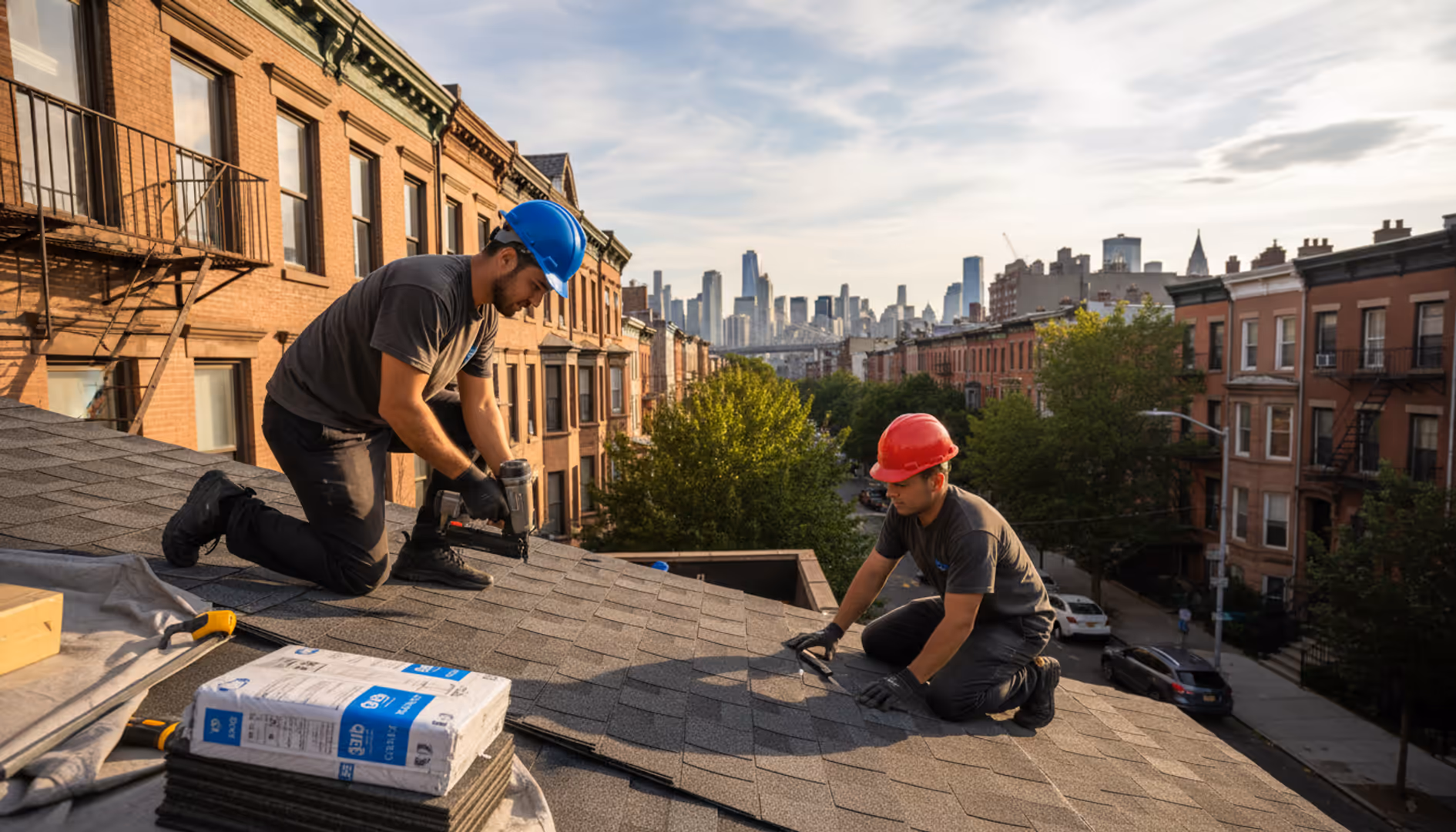 Newly installed shingle roof by TipTop Roofing Williamsburg on a Brooklyn home, featuring dark gray shingles...