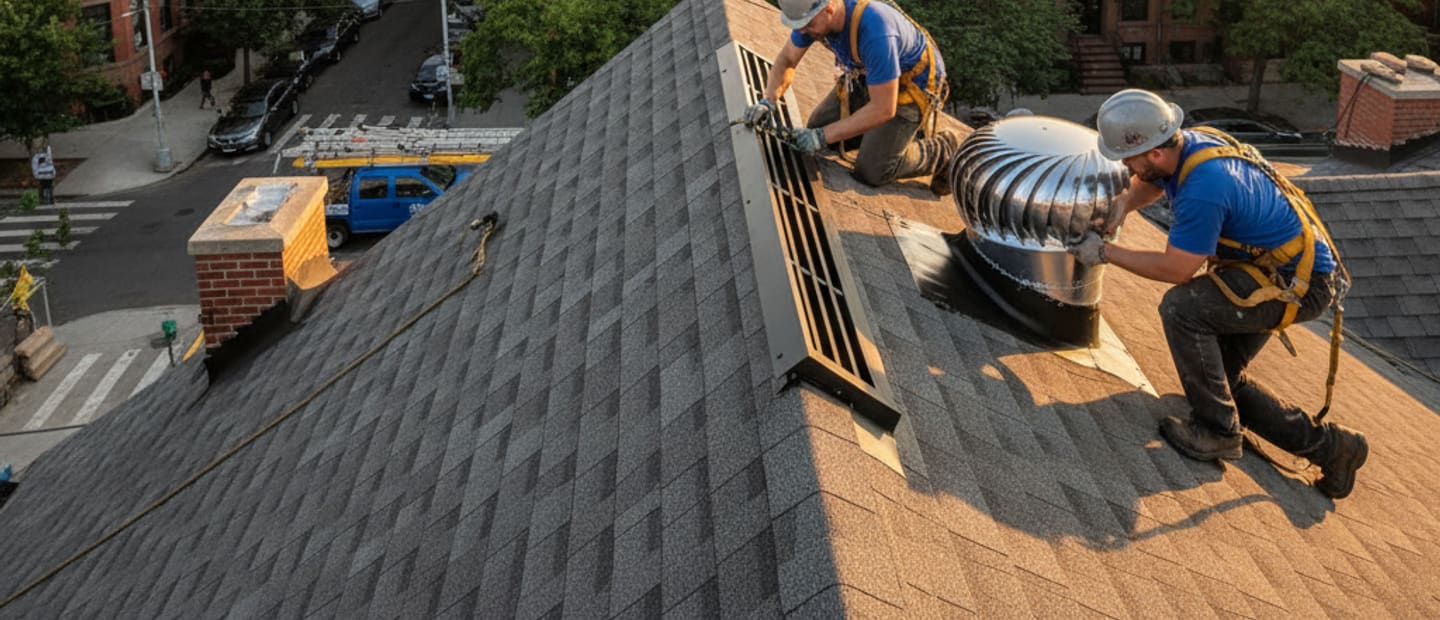 Modern attic ventilation system installed on a residential roof in Williamsburg, Brooklyn, for better airflow.