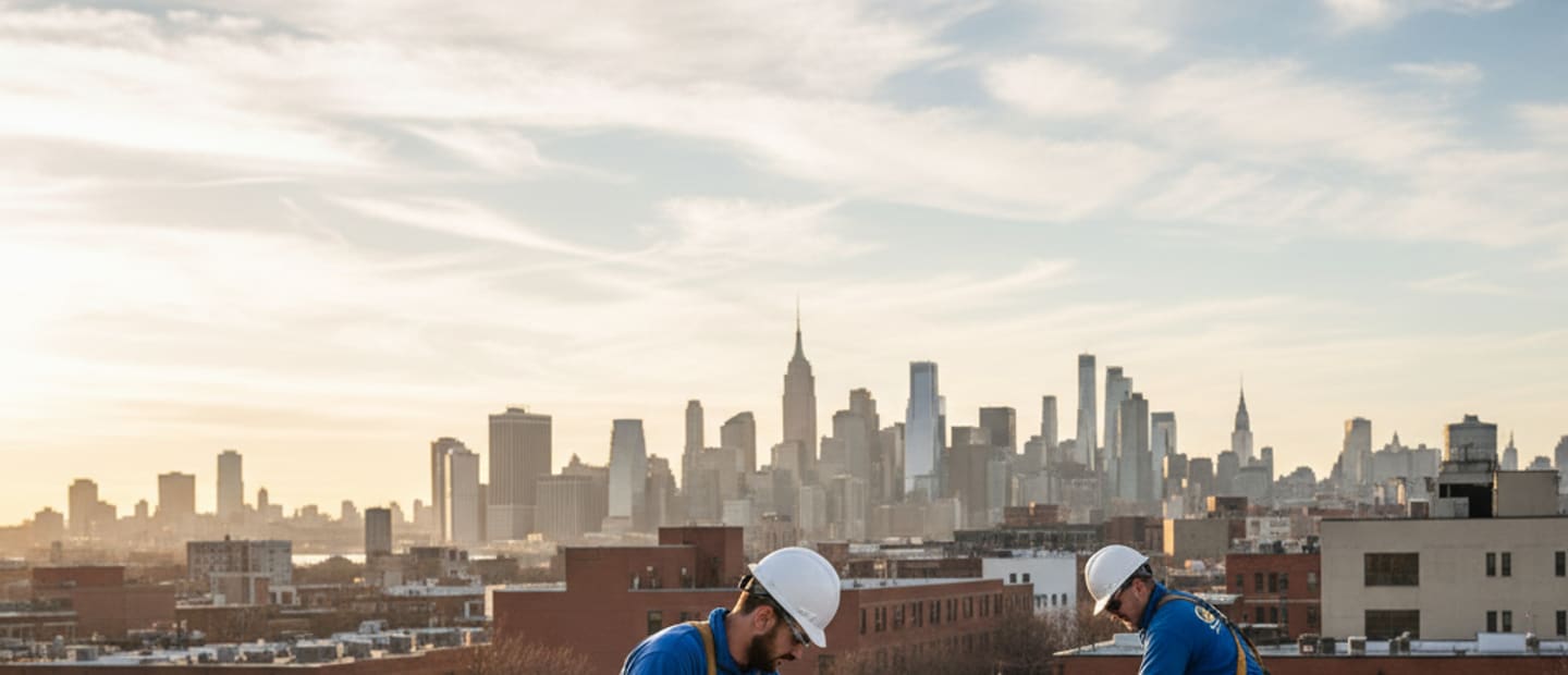 Modern flat roof on a Greenpoint commercial building, with the city skyline in the background, showcasing...