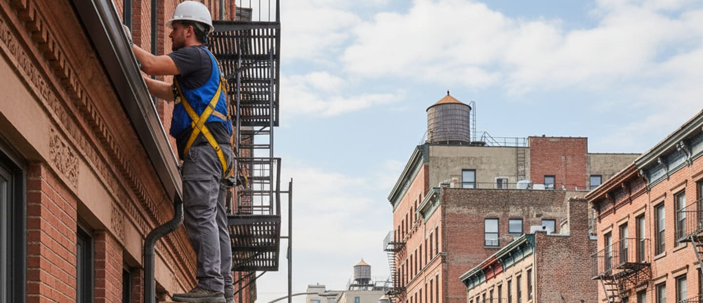 Modern and well-maintained gutters on a classic East Williamsburg building, showcasing quality exterior work.