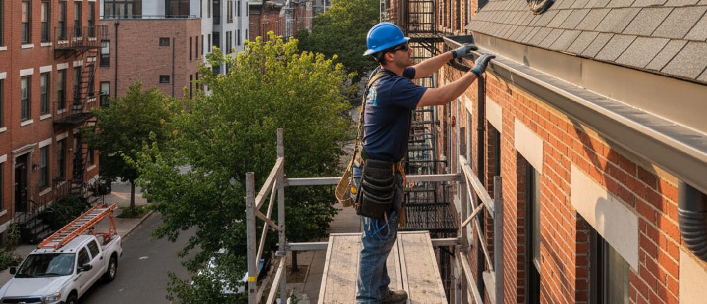 Newly installed smooth gutters on a modern Greenpoint home, ensuring proper rainwater drainage