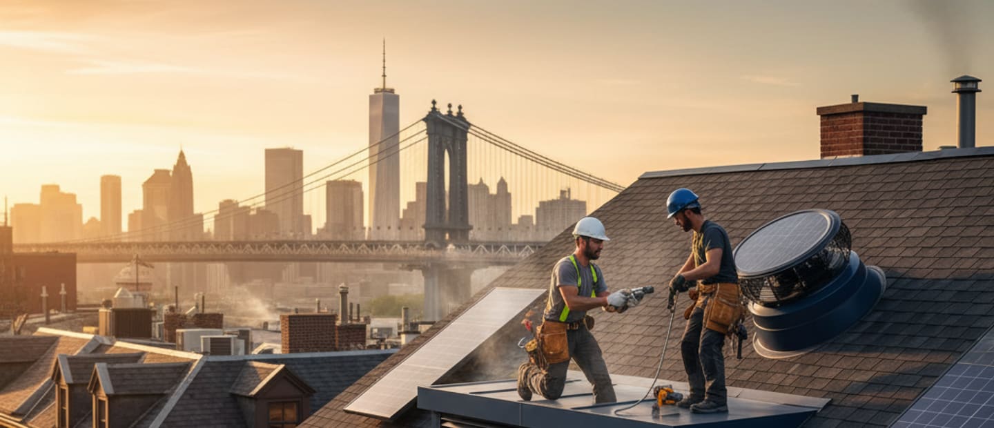Roof with new loft ventilation system in a Brooklyn neighborhood, showing improved airflow.