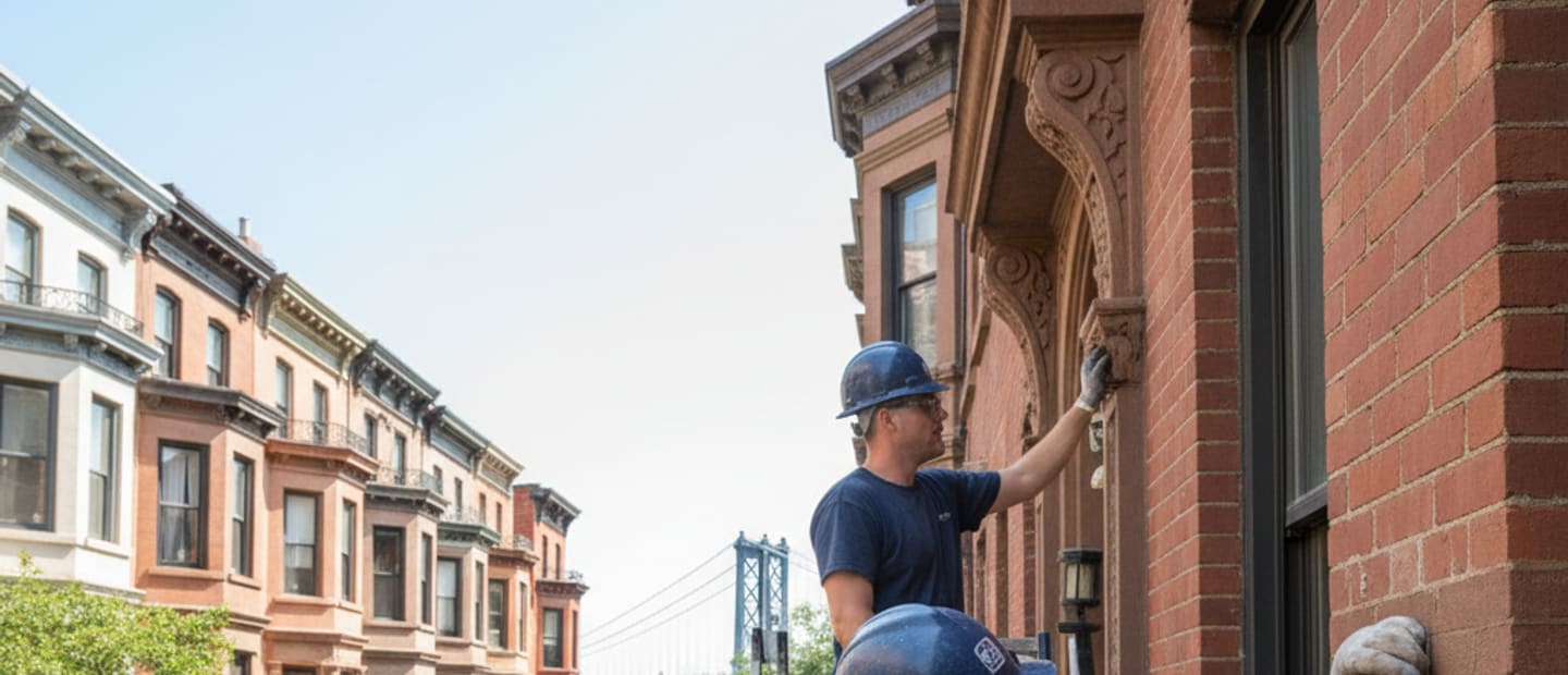 A view of classic Brooklyn brownstones with well-maintained masonry, emphasizing the local context of our services.