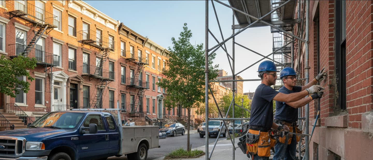 A panoramic view of a vibrant Bushwick street with well-maintained brick buildings and clear skies.