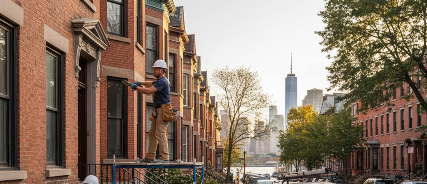 A picturesque street in Greenpoint, Brooklyn, with charming brick buildings and well-maintained masonry facades.