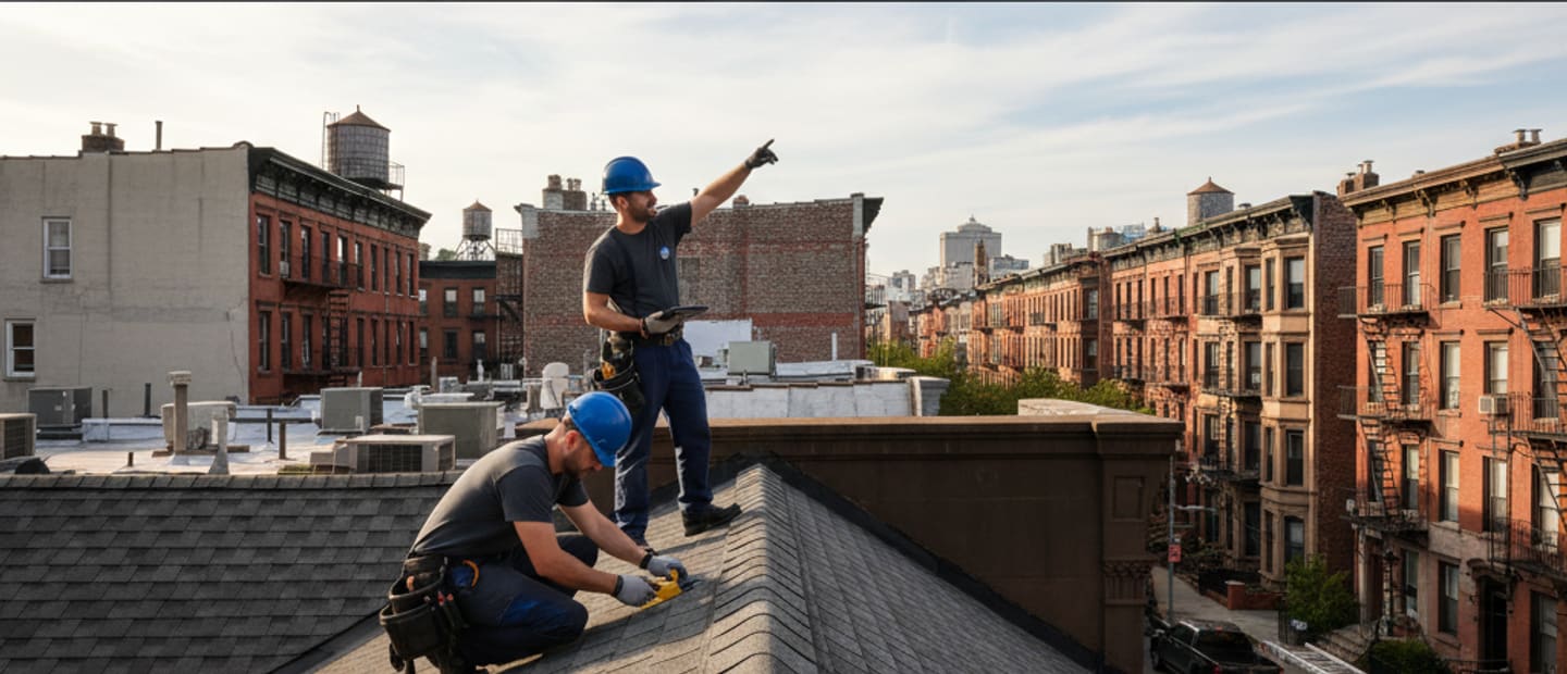 Skilled roofers performing a thorough roof inspection on a building in Bedford-Stuyvesant, Brooklyn.