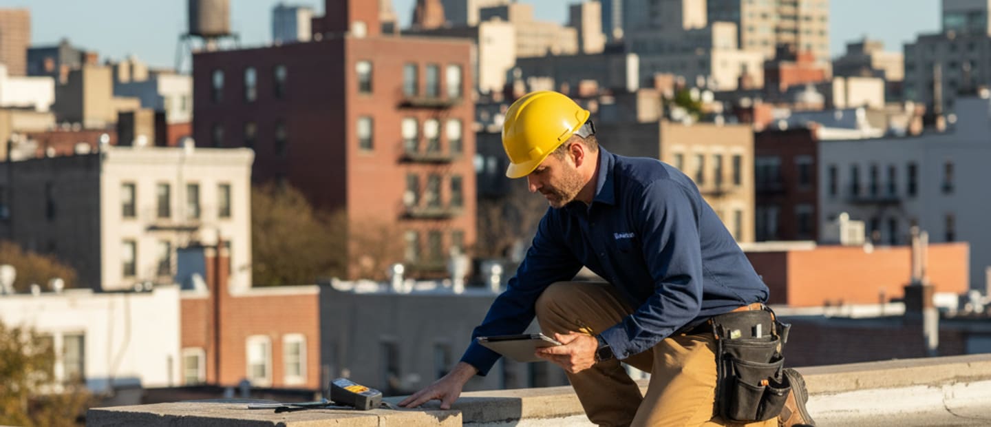 A professional roofer conducting a thorough roof inspection on a residential building in Williamsburg, Brooklyn.