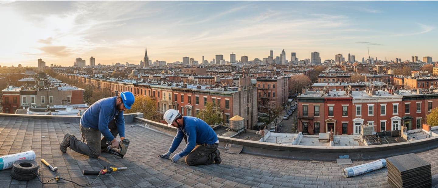 Panoramic view of Bedford-Stuyvesant skyline with residential buildings, highlighting local roofing expertise.