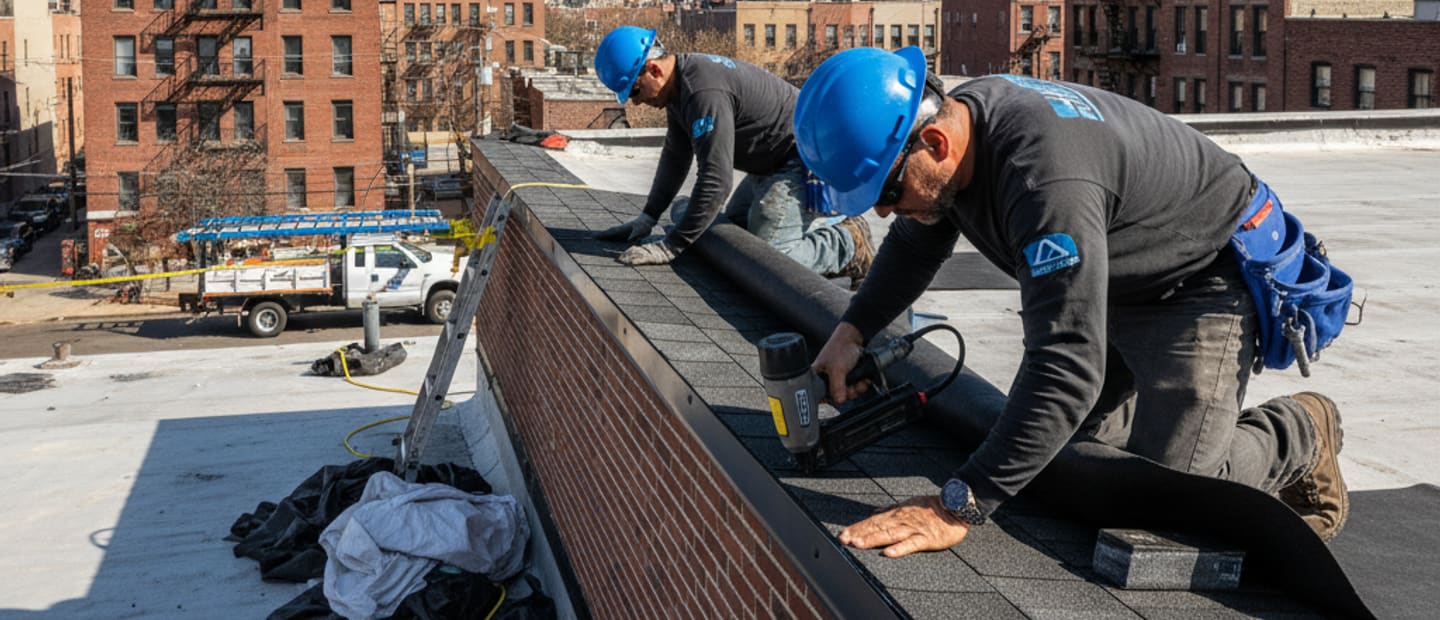 Bushwick, Brooklyn rooftops under a clear sky, symbolizing our local roof installation services.