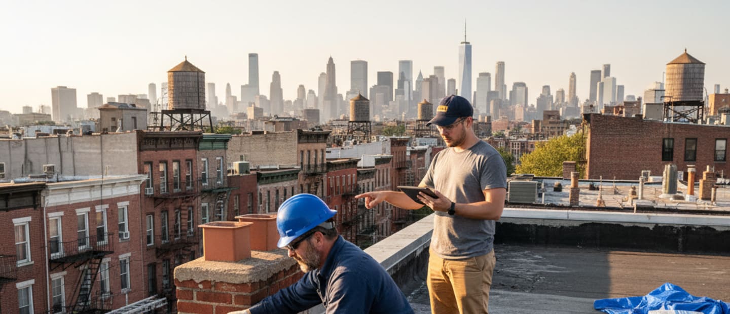 Roof repair team inspecting a residential roof in Bushwick with Manhattan skyline in background
