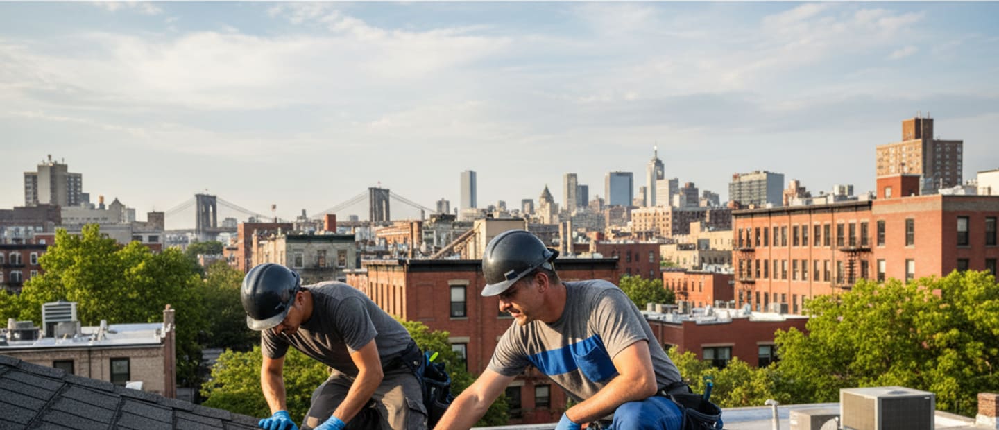 Professional roofer on a residential roof, overseeing repairs in East Williamsburg with urban skyline behind.