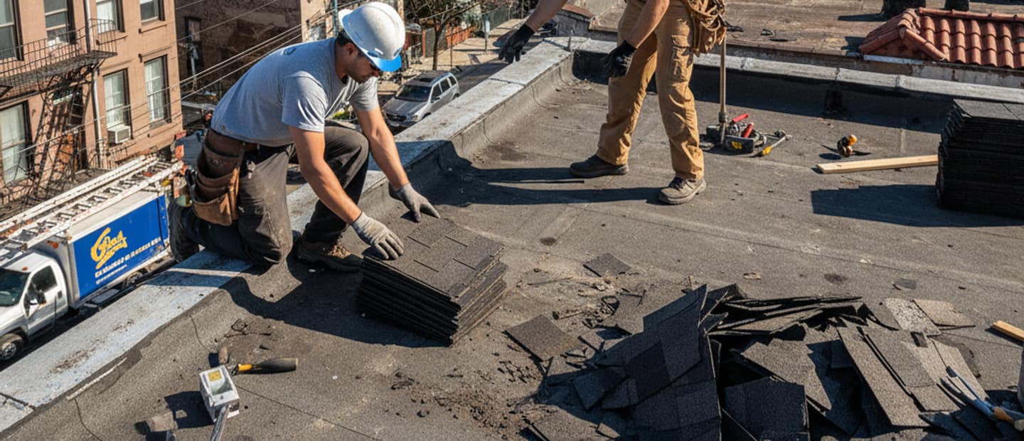 Diverse Brooklyn rooftops under a clear sky, featuring various roofing materials, highlighting expert roof...