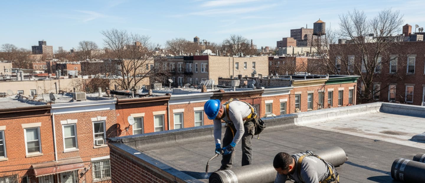 A newly replaced roof on a residential building in Bushwick, Brooklyn, under a clear sky.