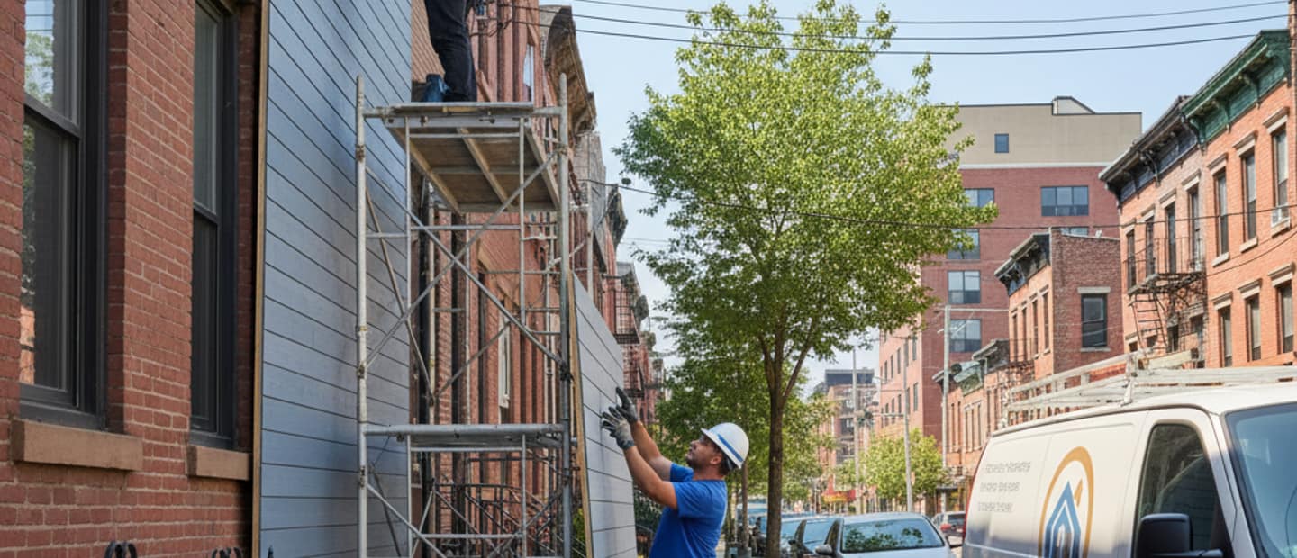 Residential street in East Williamsburg showcasing a variety of homes with different siding types, sunny day