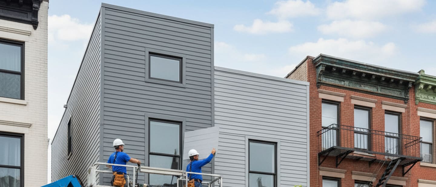 Modern house with newly installed gray siding in a Greenpoint neighborhood, showing curb appeal.