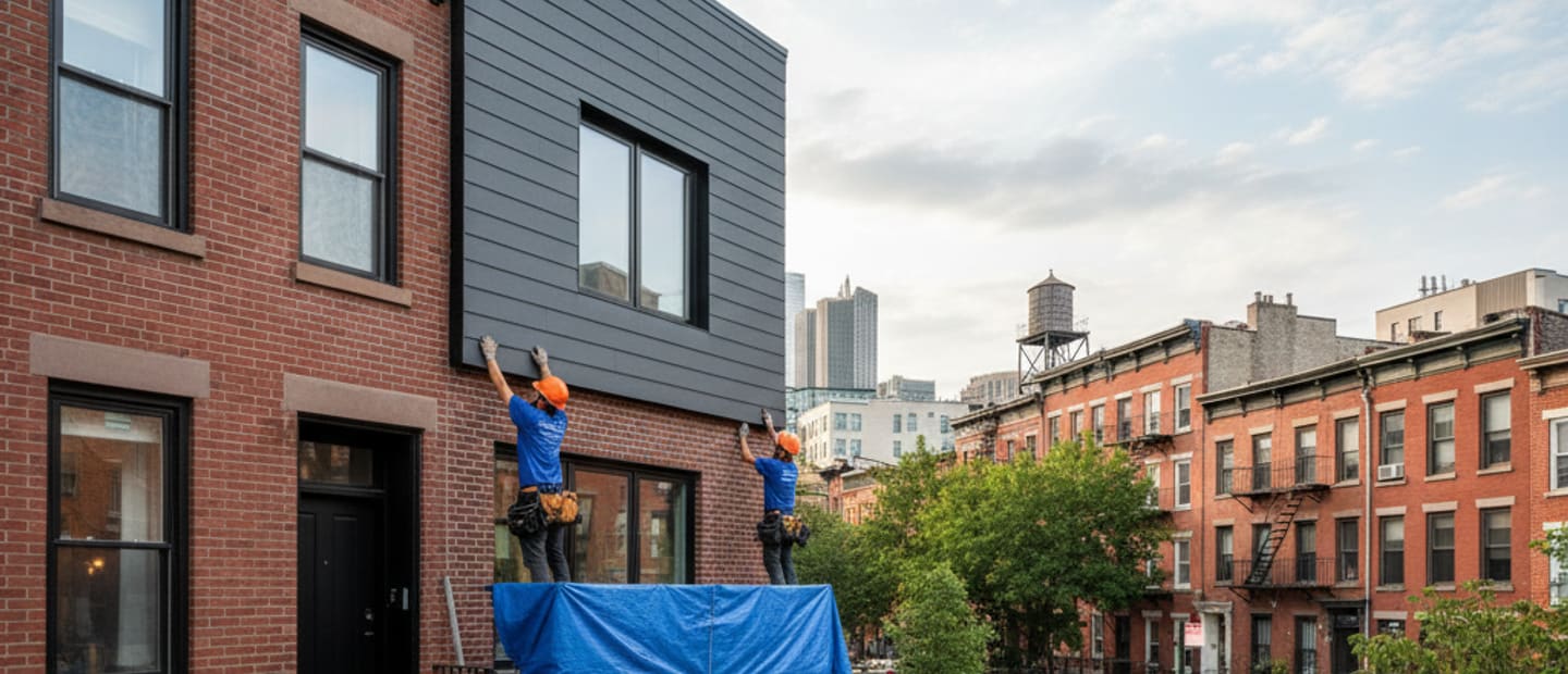 Modern home in Williamsburg, Brooklyn with newly installed dark gray siding, showing clean lines and curb appeal.