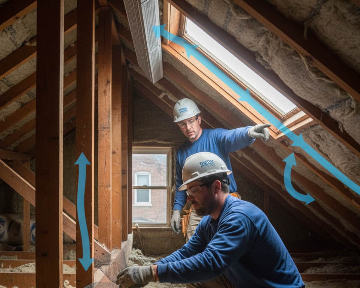 Cross-section of an attic showing proper airflow from soffit vents to ridge vents, for optimal ventilation.