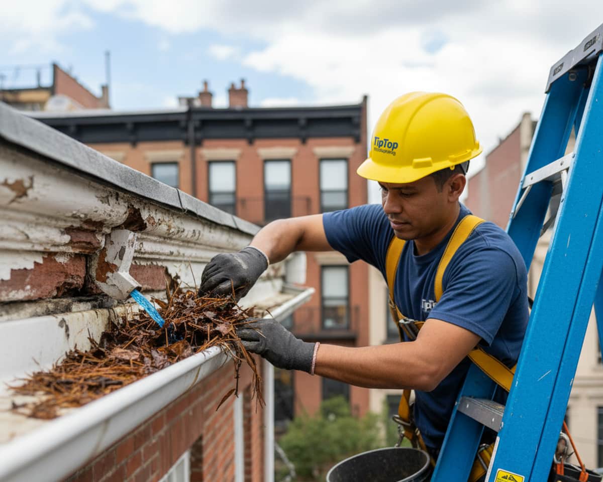 Technician performing thorough gutter cleaning to remove leaves and debris from a residential gutter, ensuring...