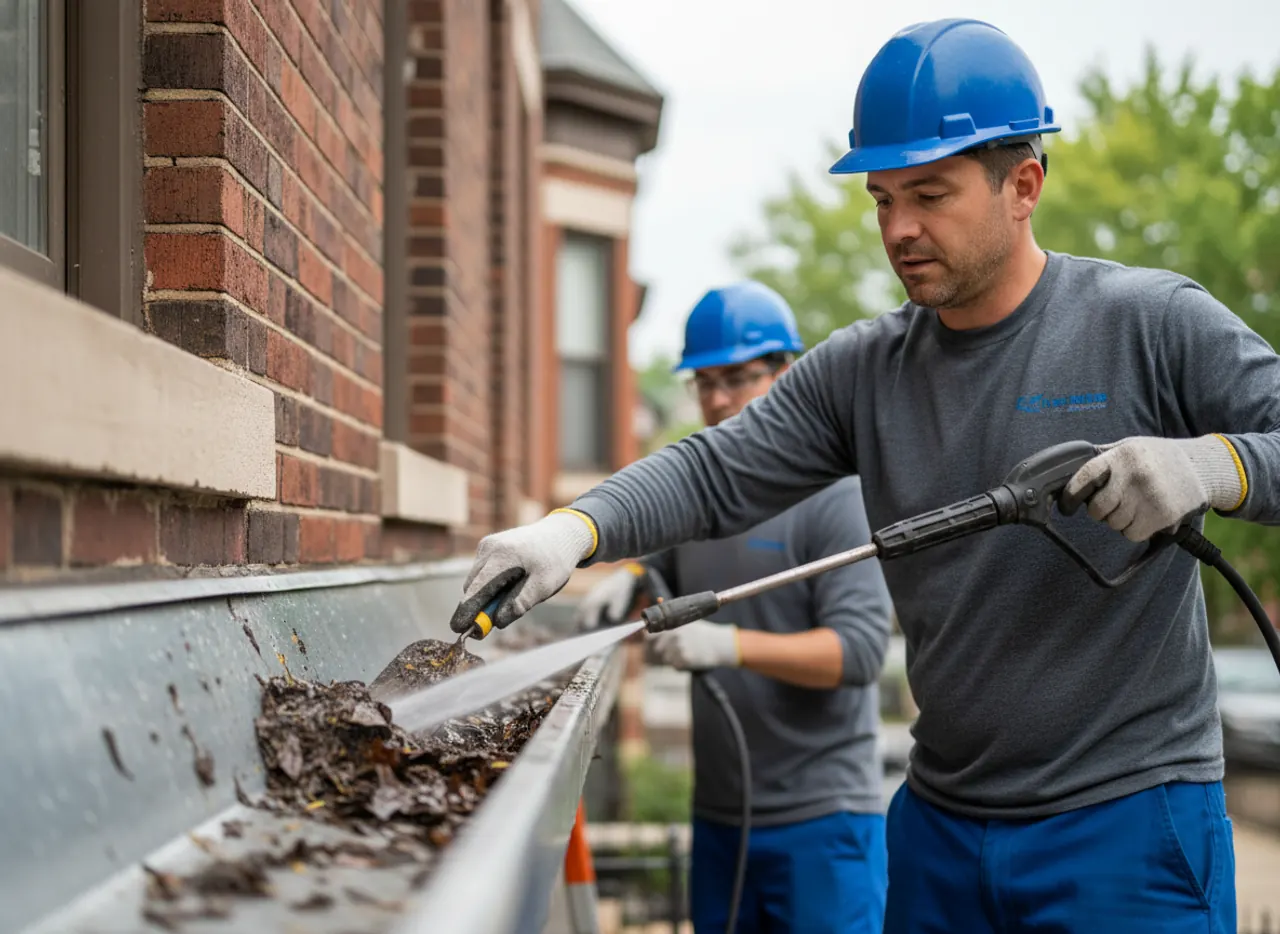 Professional cleaning of a residential gutter, removing debris to prevent blockages and ensure proper water flow.