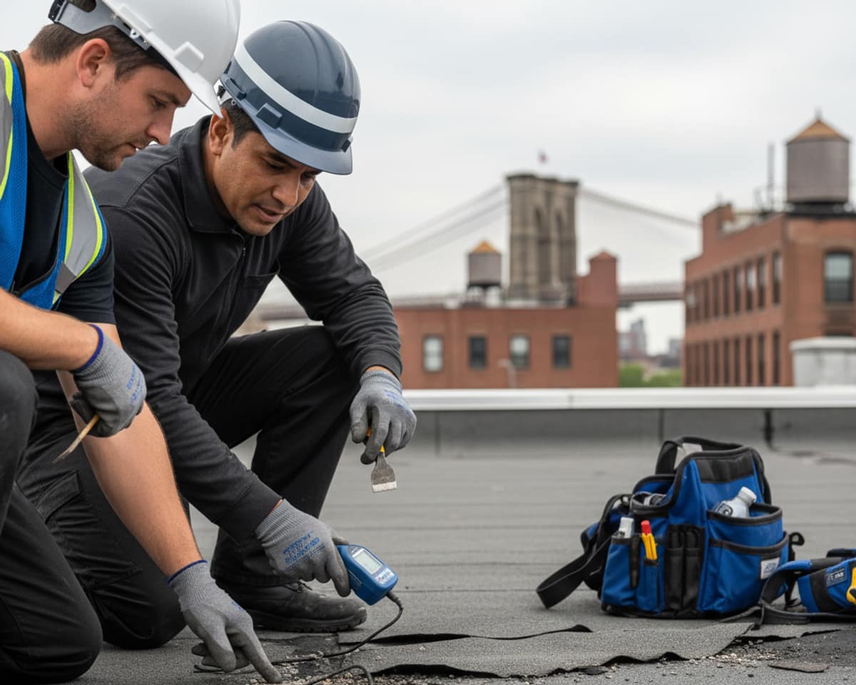 A roofer inspecting a damaged section of a flat roof, identifying areas for roof leak repair with precision tools.